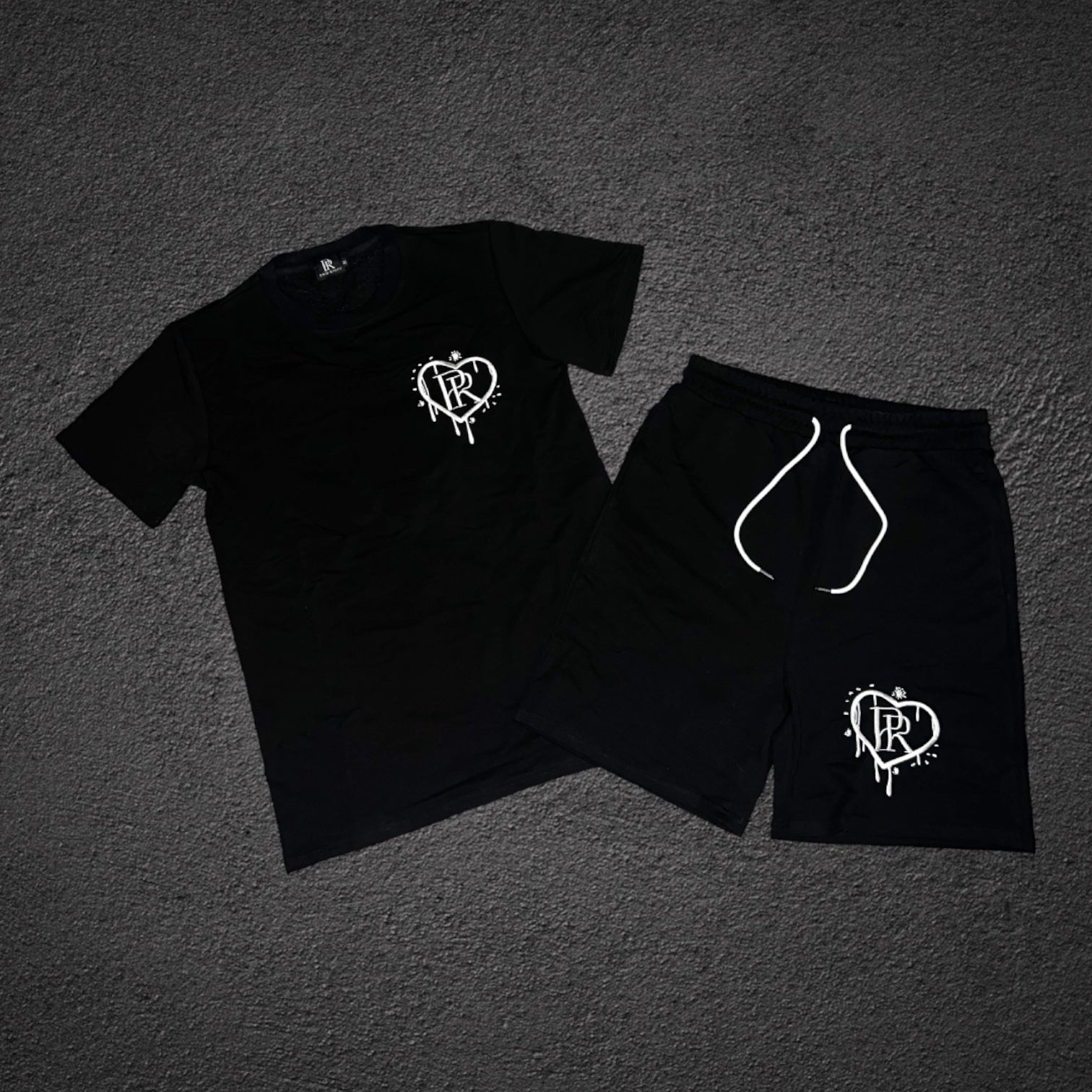 PR Heart Drip Black Embroidered Short Set