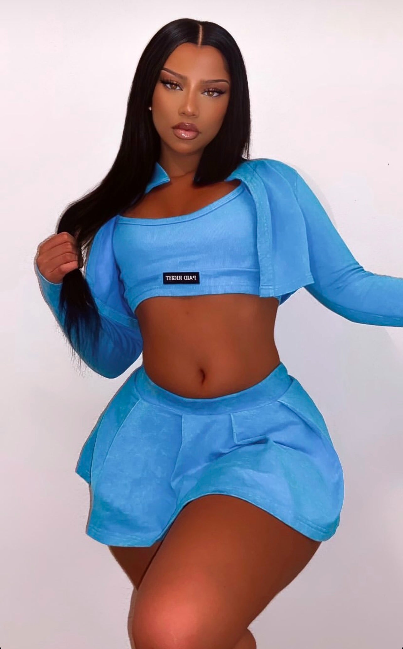 PAID RIGHT 3 Piece Baby Blue Cropped Skort Set
