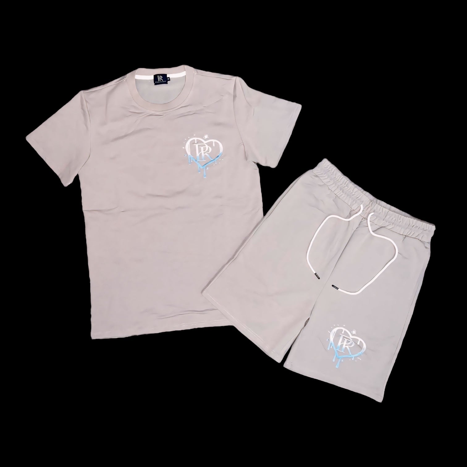 PR Heart Drip Smoke Grey Embroidered Short Set