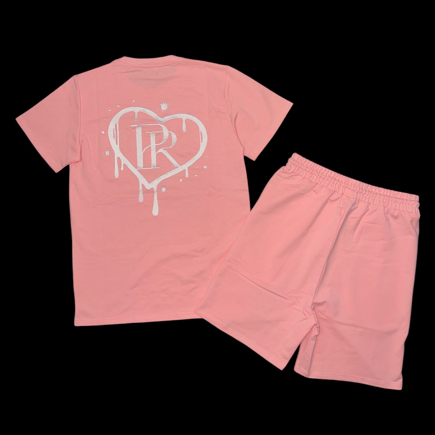 PR Heart Drip Baby Pink Embroidered Short Set