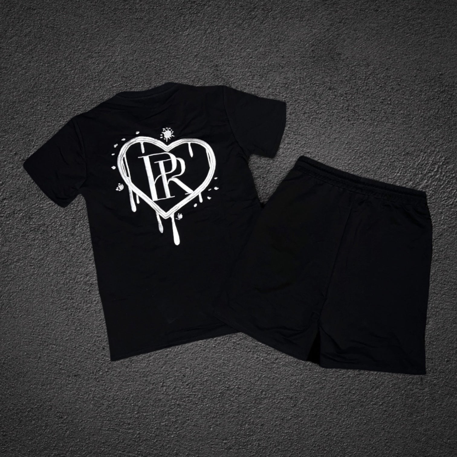 PR Heart Drip Black Embroidered Short Set