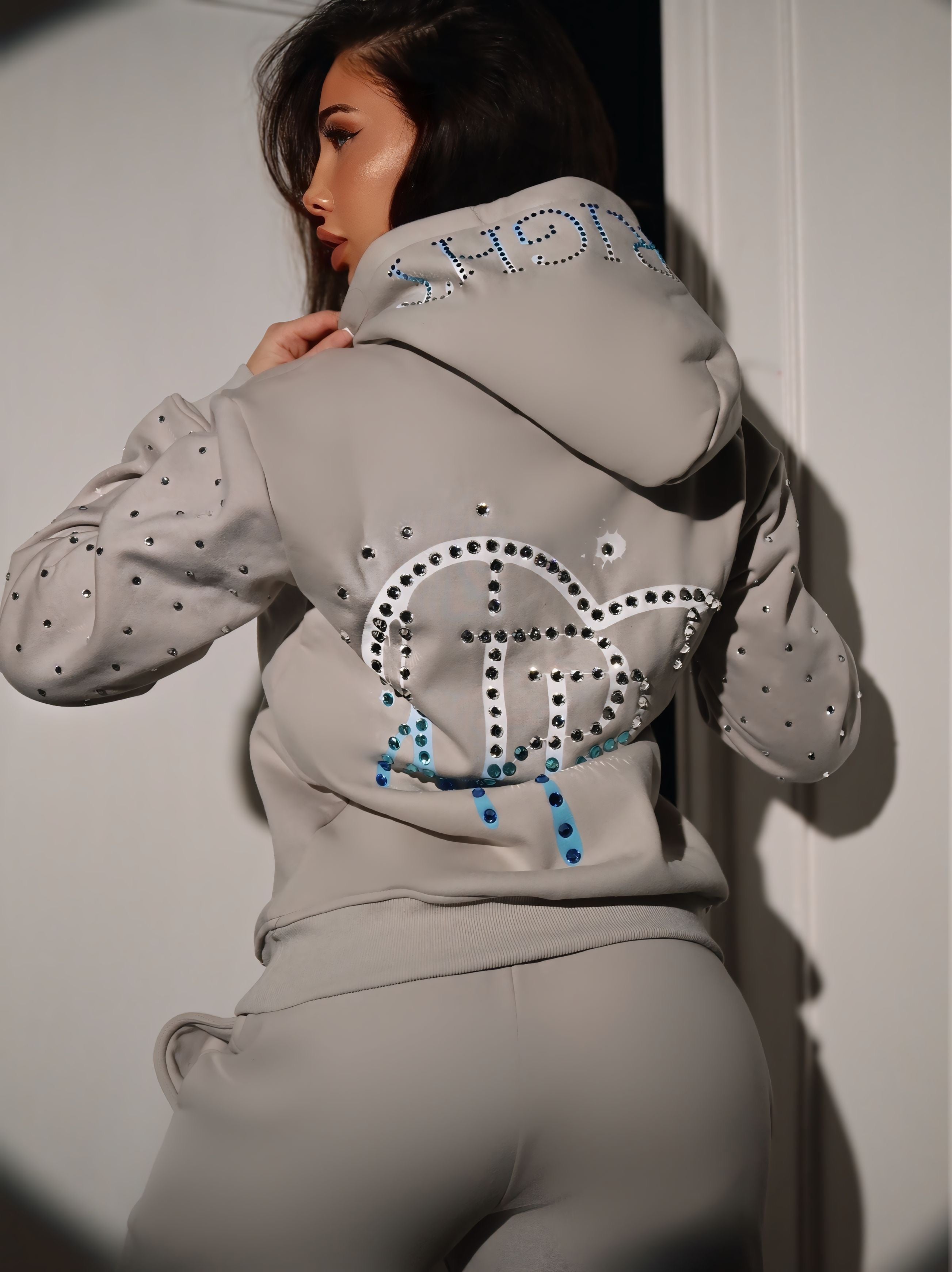 Grey x Blue/White Rhinestone Diamonds Tracksuit Set