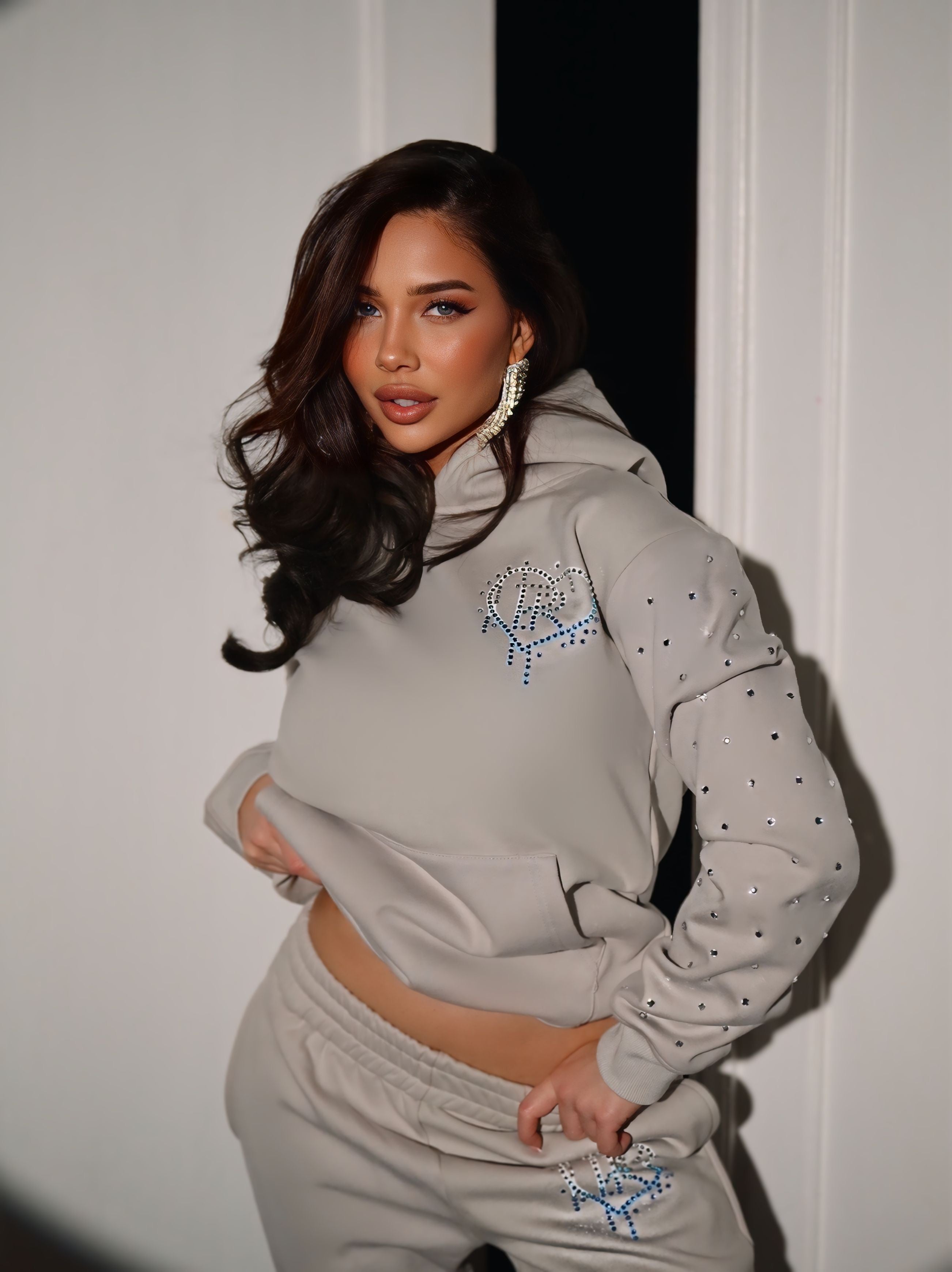 Grey x Blue/White Rhinestone Diamonds Tracksuit Set