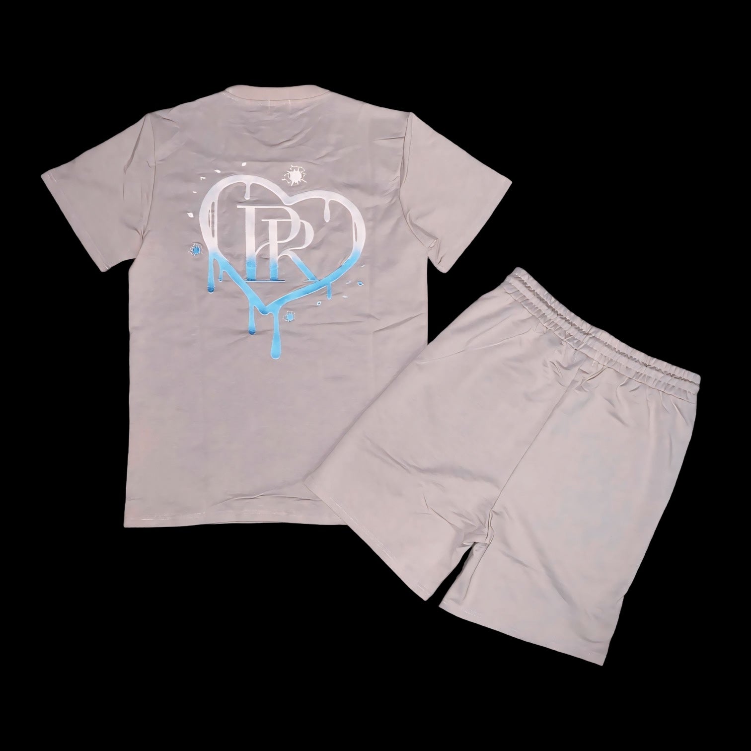 PR Heart Drip Smoke Grey Embroidered Short Set