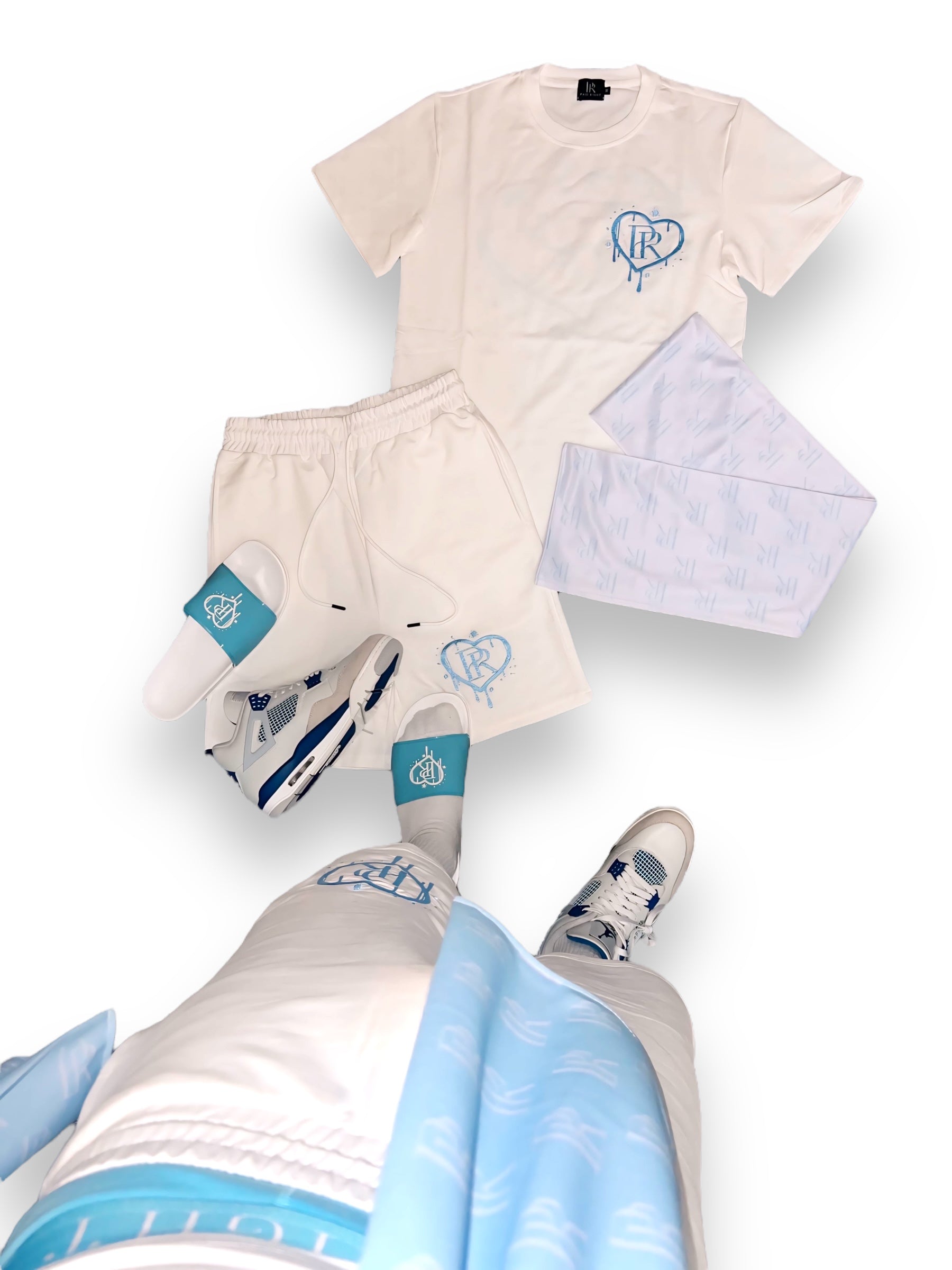 PR Heart Drip White Embroidered Short Set