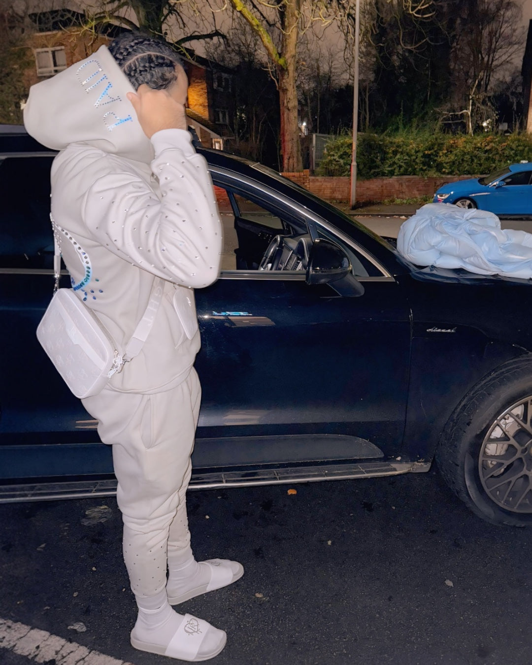 Grey x Blue/White Rhinestone Diamonds Tracksuit Set