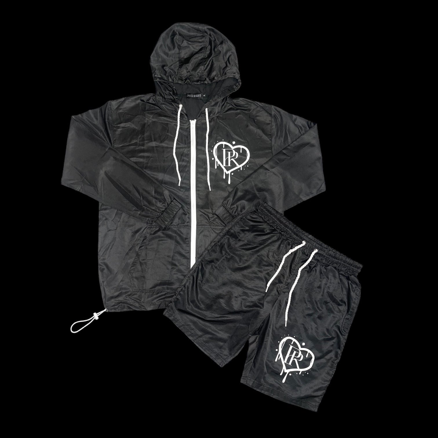 PR White On Black Heart Drip Windbreaker Short Set