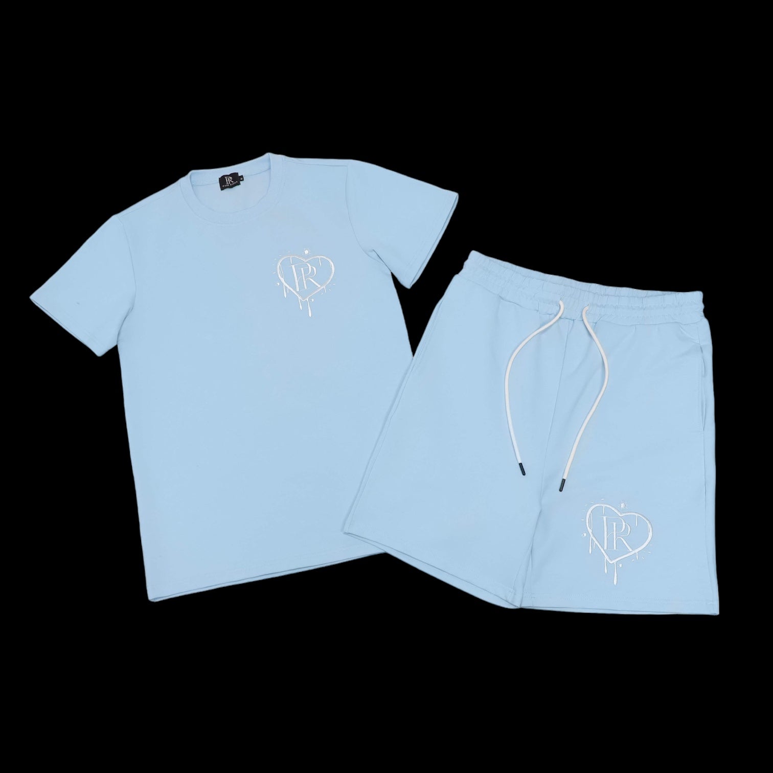 PR Heart Drip Light Blue Embroidered Short Set