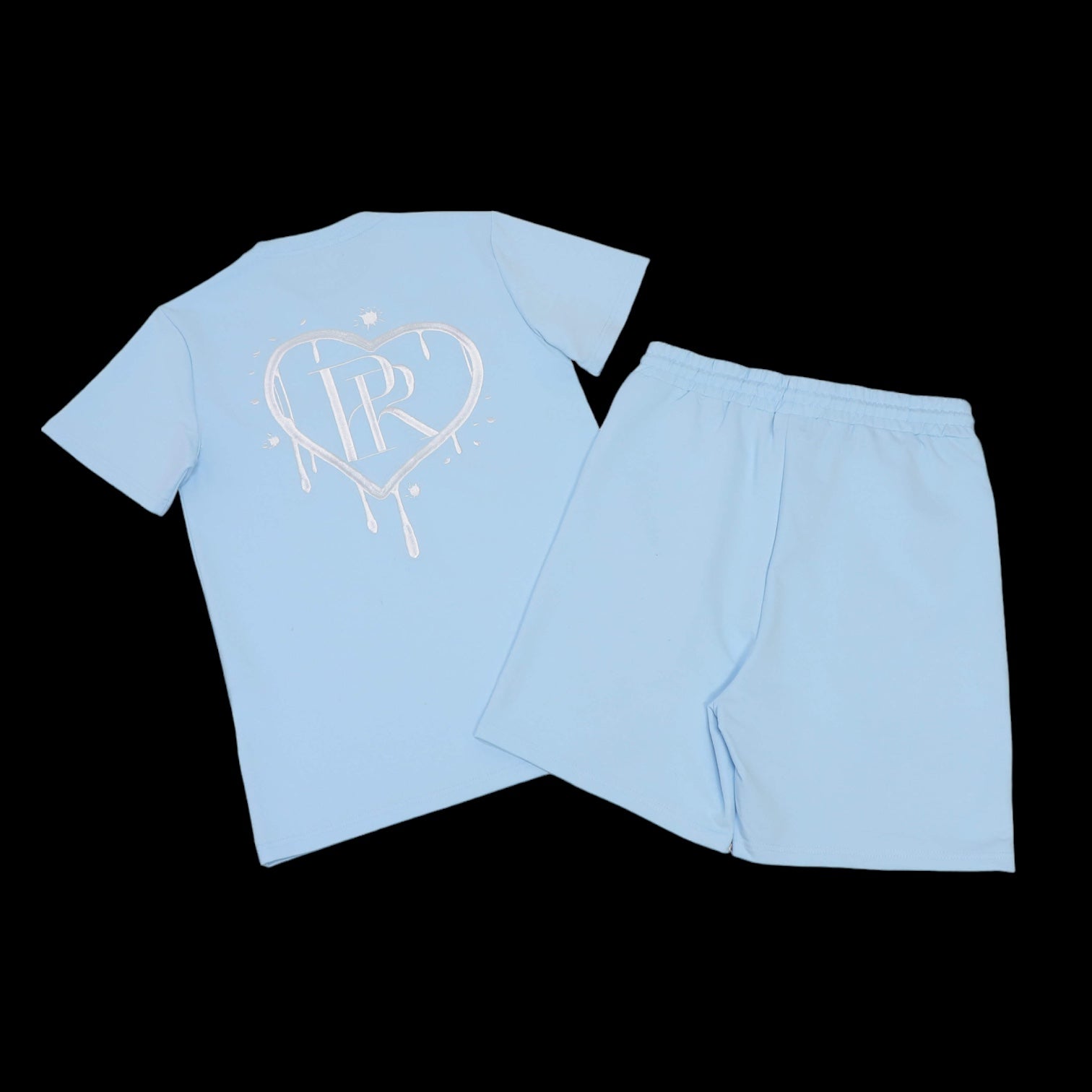 PR Heart Drip Light Blue Embroidered Short Set