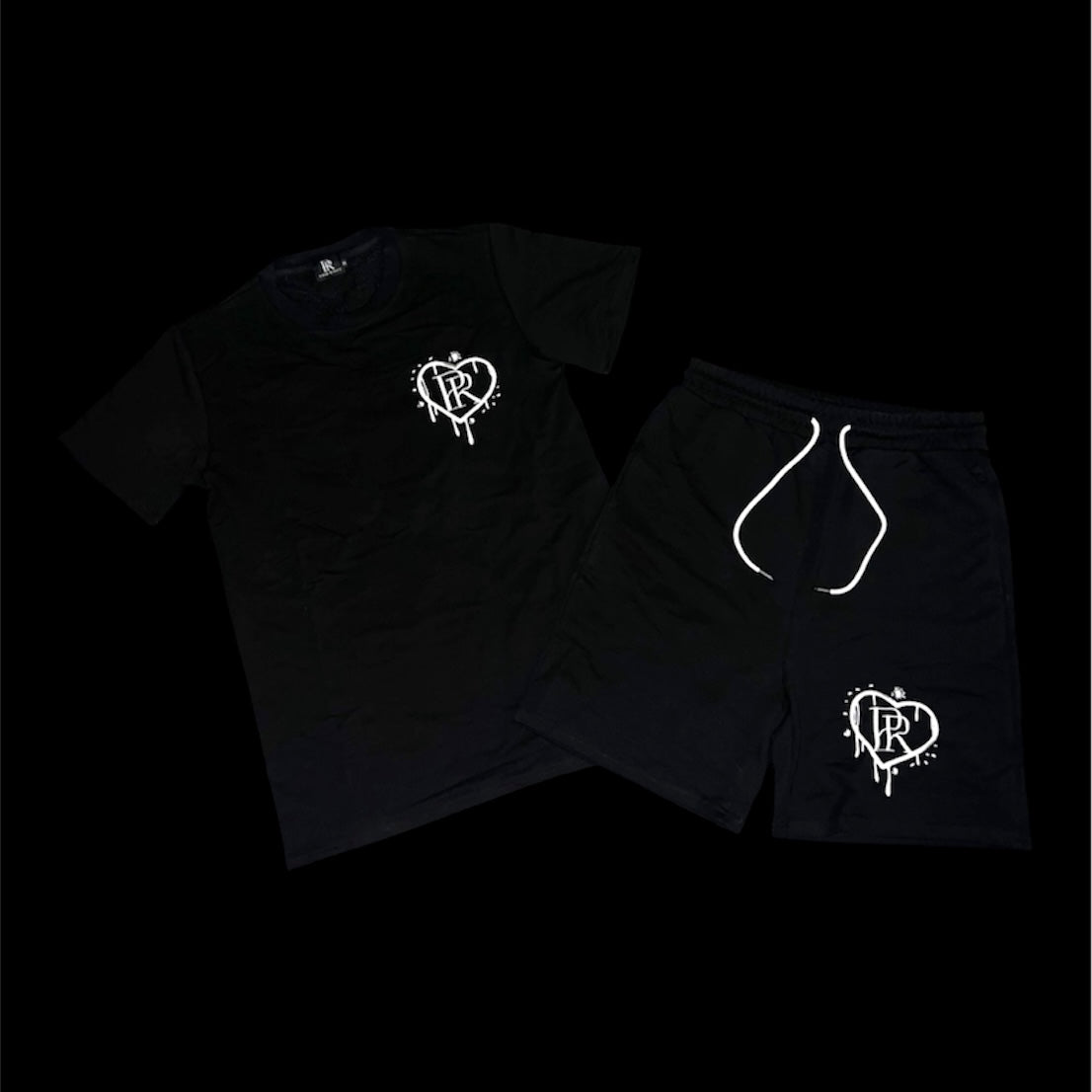 PR Heart Drip Black Embroidered Short Set