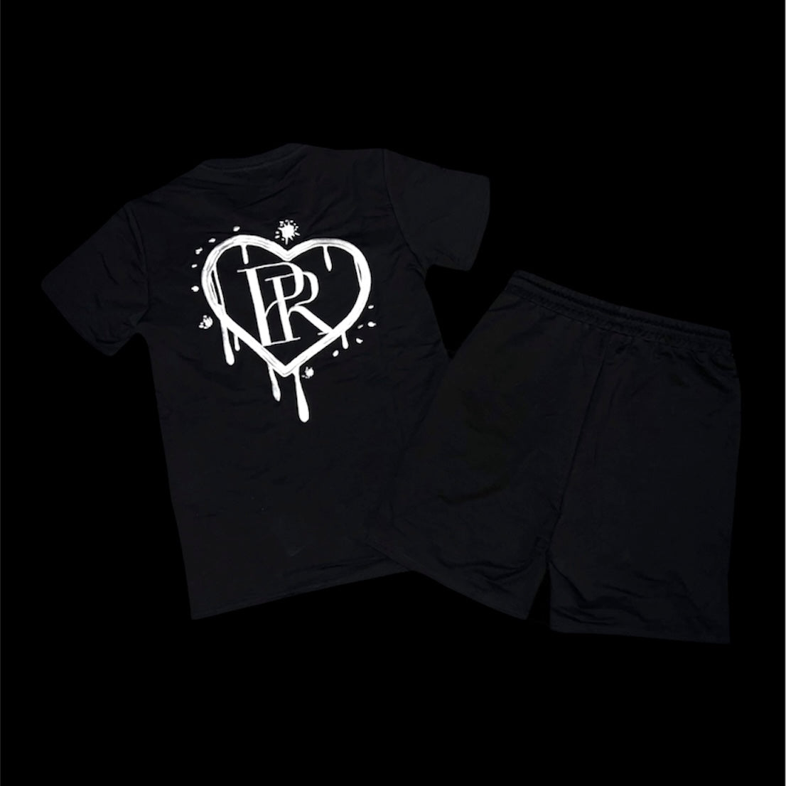 PR Heart Drip Black Embroidered Short Set